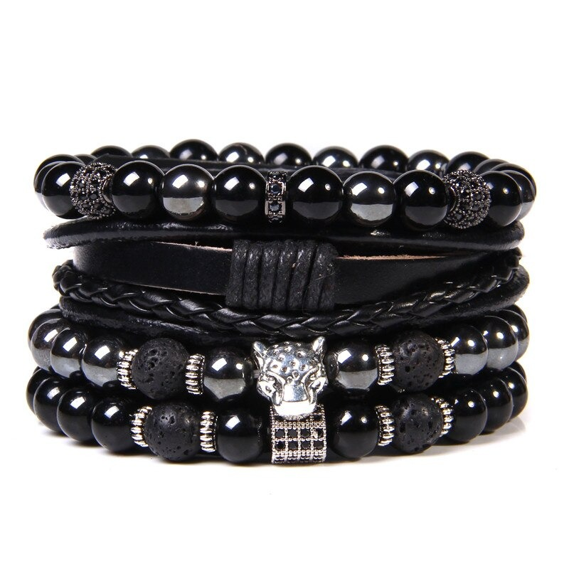 Style Set Multiple Charm Bracelet Natural Stone Beads / Leather Braided Bracelet #8
