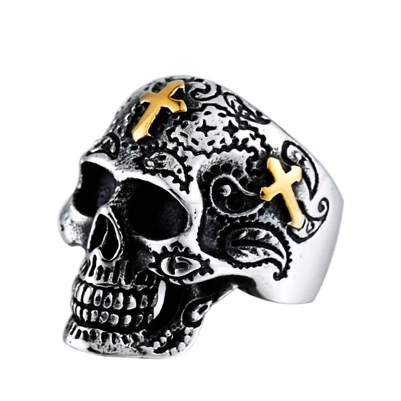 Gothic Skull Ring With Cross / Retro Flower Design Cool Sugar Skull / Biker Jewelry