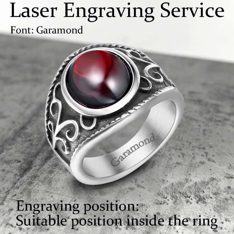 Engraved Flowers Ruby Stainless Steel Ring