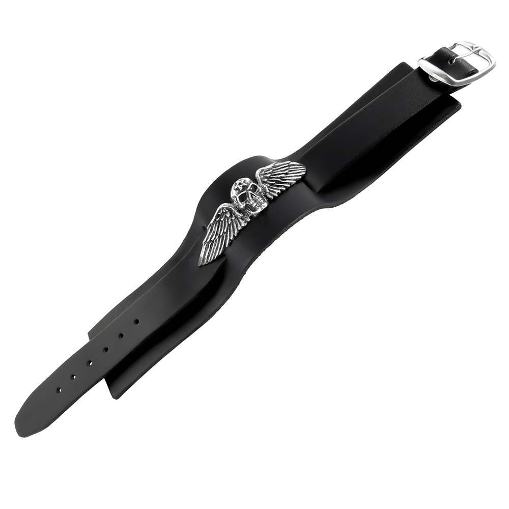 Winged Skull Black Leather Bracelet With Adjustable Strap
