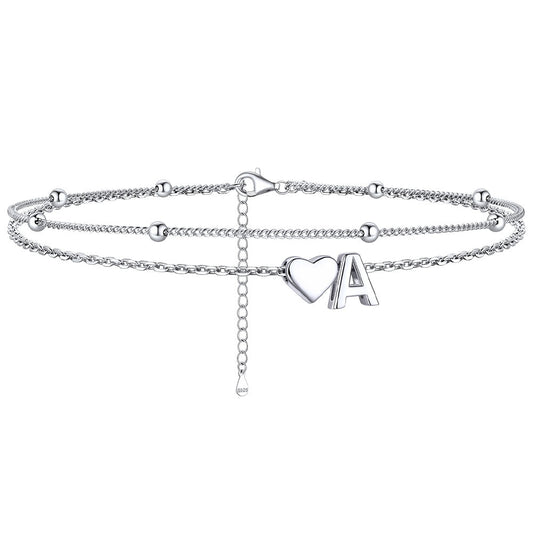 Sterling Silver Initial Heart Layered Anklet for
