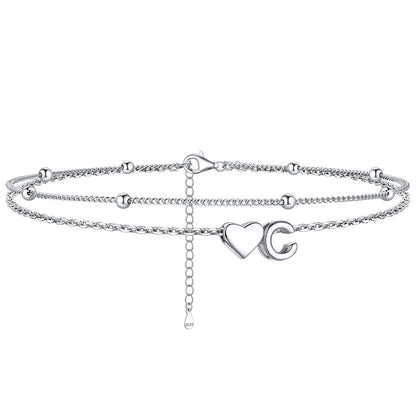 Sterling Silver Initial Heart Layered Anklet for