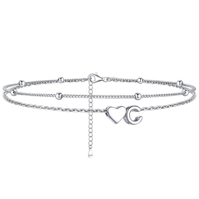 Sterling Silver Initial Heart Layered Anklet for