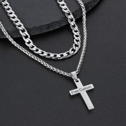Gift for Cuban Chain & Cross Pendant Layered Necklace Set Birthday Gift