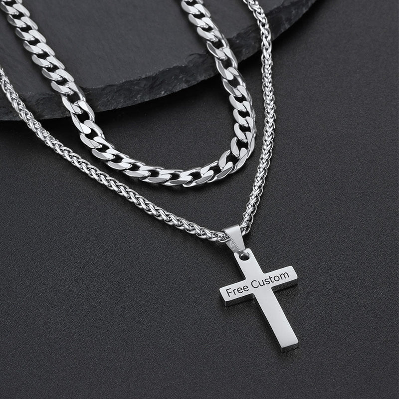 Gift for Cuban Chain & Cross Pendant Layered Necklace Set Birthday Gift