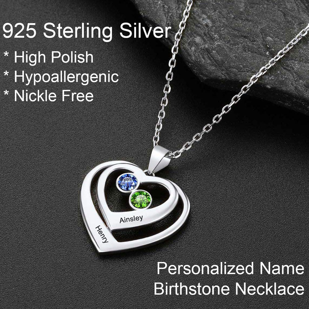 Personalized Sterling Silver Birthstone Heart Necklace