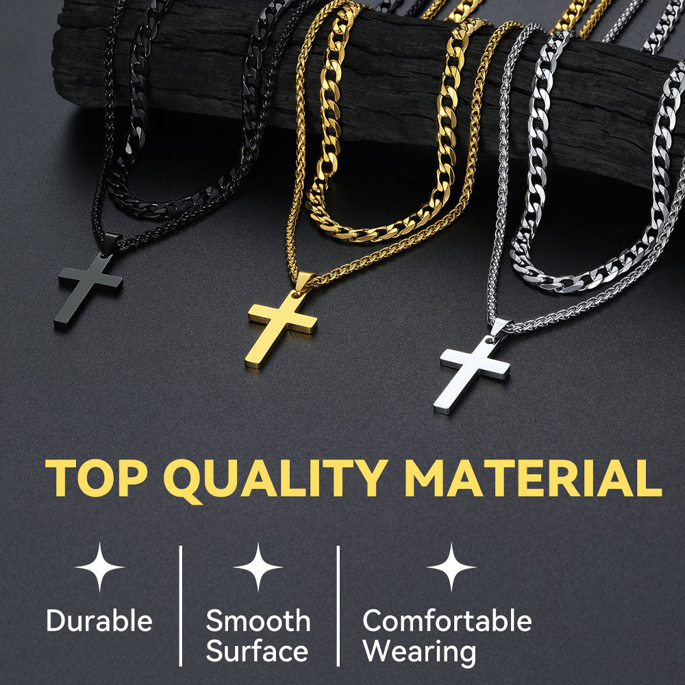 Gift for Cuban Chain & Cross Pendant Layered Necklace Set Birthday Gift