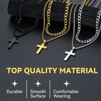 Gift for Cuban Chain & Cross Pendant Layered Necklace Set Birthday Gift