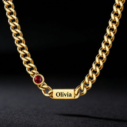 Customized Engraved Name Birthstone Cuban Chain Necklace for