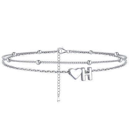 Sterling Silver Initial Heart Layered Anklet for
