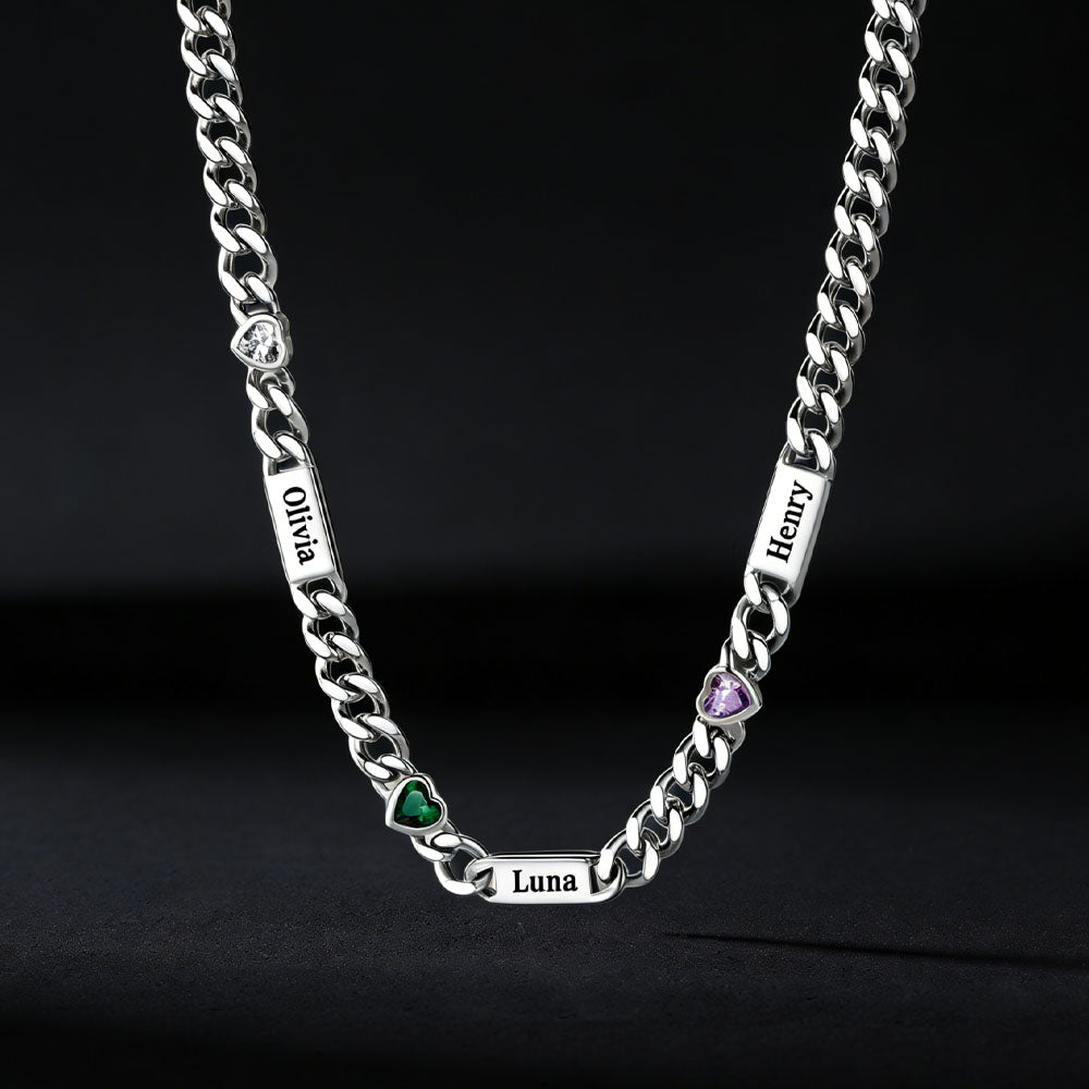Personalized Name Cuban Chain Necklace With Heart Birthstone for Mom