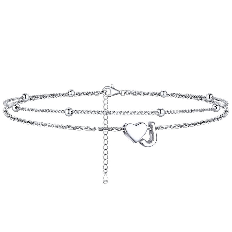 Sterling Silver Initial Heart Layered Anklet for