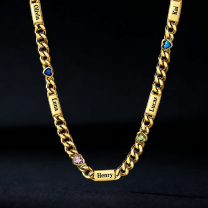 Personalized Name Cuban Chain Necklace With Heart Birthstone for Mom