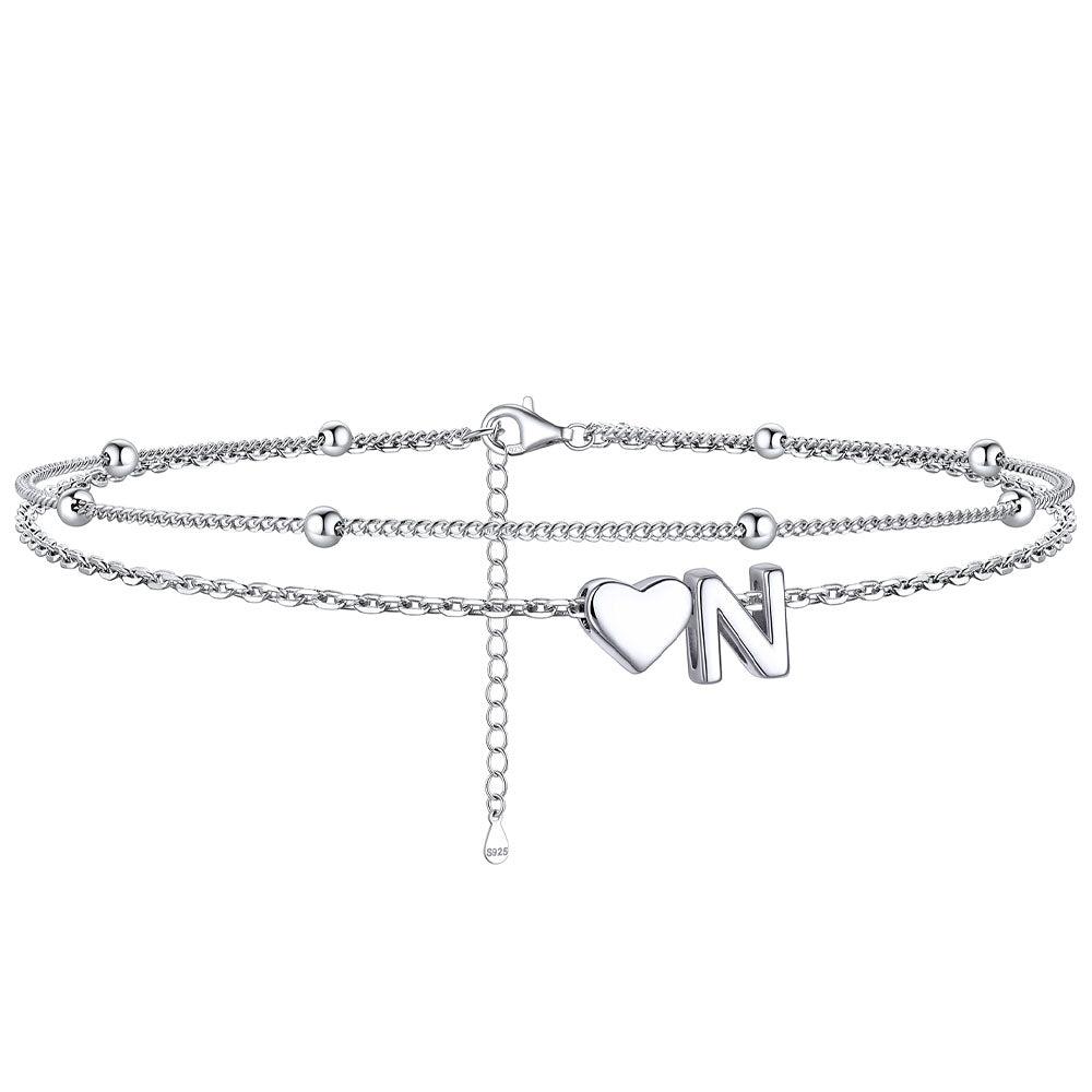 Sterling Silver Initial Heart Layered Anklet for
