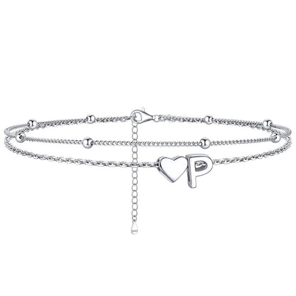 Sterling Silver Initial Heart Layered Anklet for