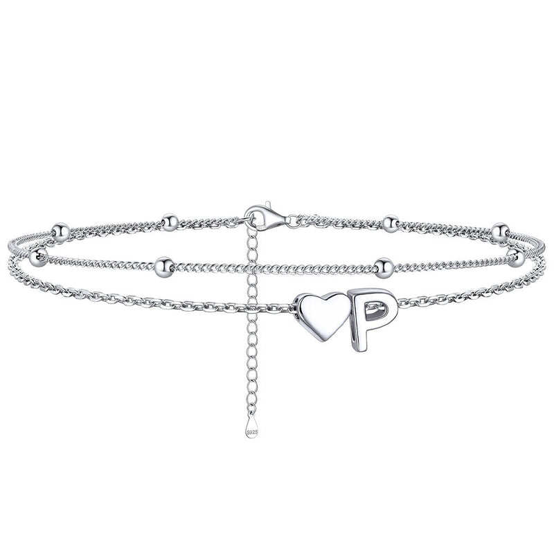 Sterling Silver Initial Heart Layered Anklet for