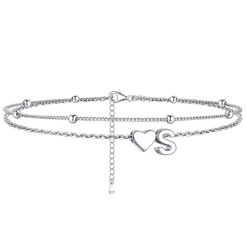 Sterling Silver Initial Heart Layered Anklet for