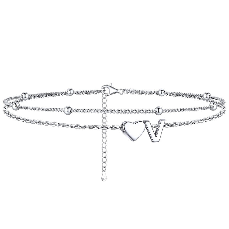 Sterling Silver Initial Heart Layered Anklet for