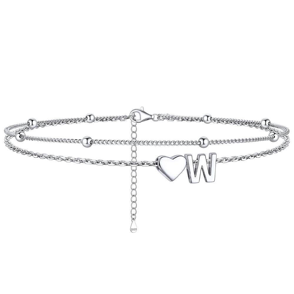 Sterling Silver Initial Heart Layered Anklet for