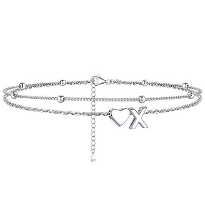 Sterling Silver Initial Heart Layered Anklet for