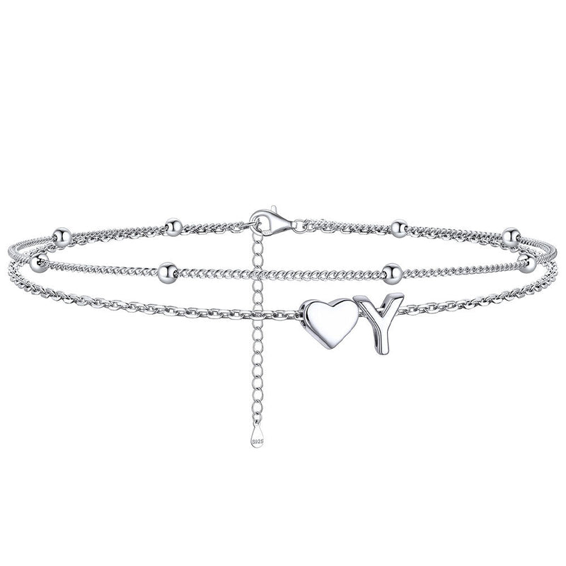 Sterling Silver Initial Heart Layered Anklet for