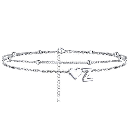 Sterling Silver Initial Heart Layered Anklet for