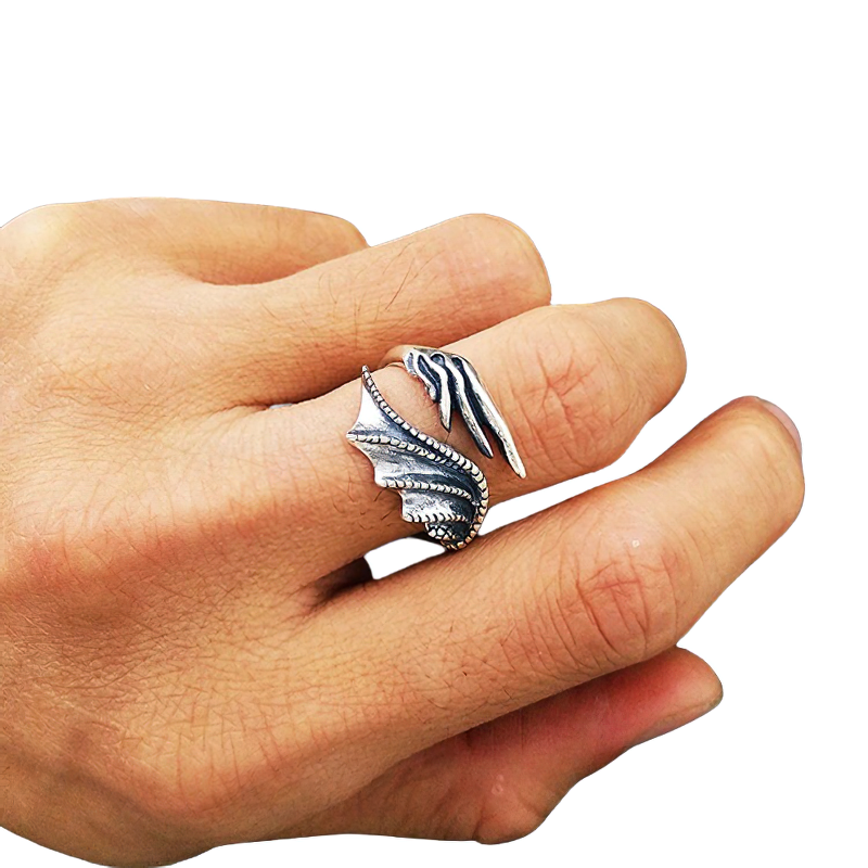 Adjustable Ring of Evil Feather Wing / Gothic Jewelry of 925 Sterling Silver