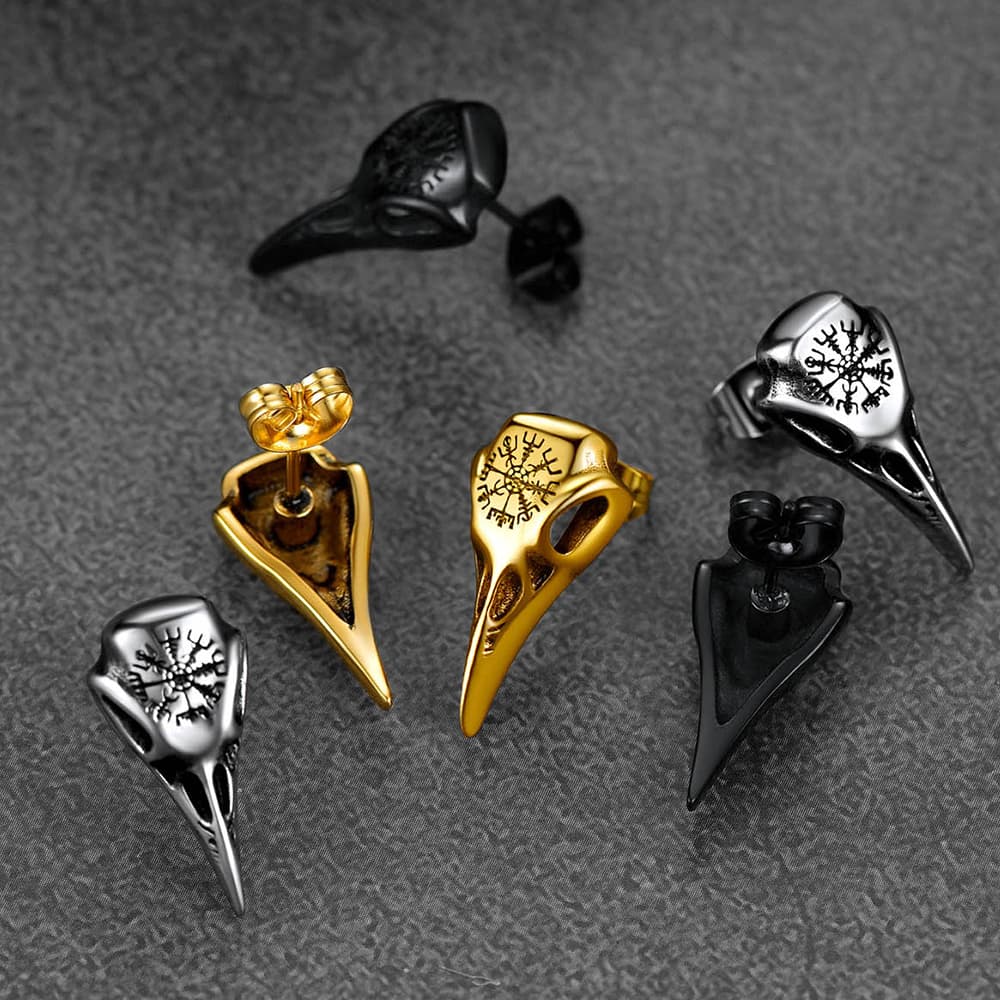 Viking Raven Skull Stud Earrings With Viking Vegvisir for