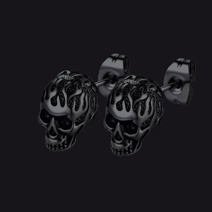 Gothic Flaming Skull Stud Earrings for