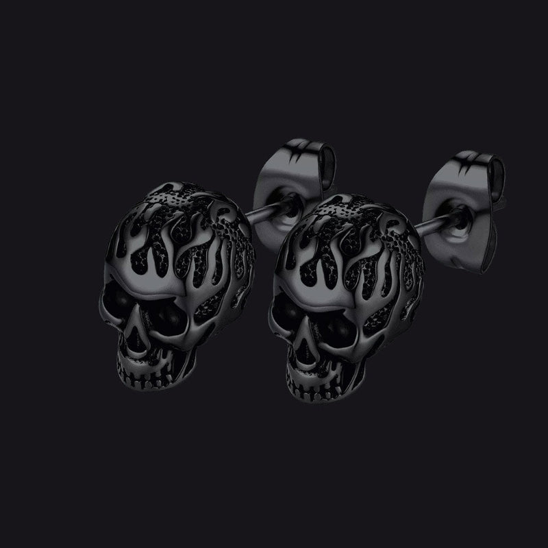 Gothic Flaming Skull Stud Earrings for
