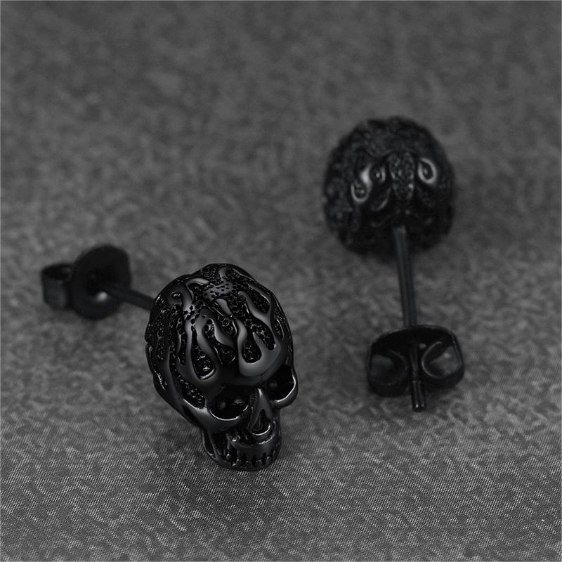 Gothic Flaming Skull Stud Earrings for