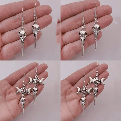 Triple Moon Pentagram Crow Skull Earrings