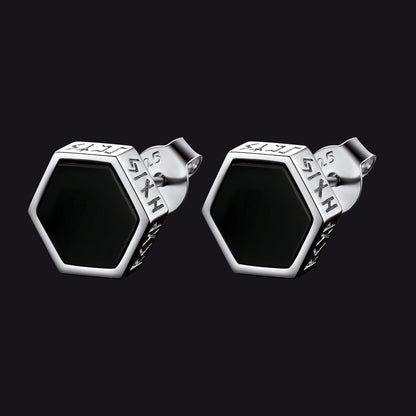Sterling Silver Viking Runes Black Onyx Stud Earrings for