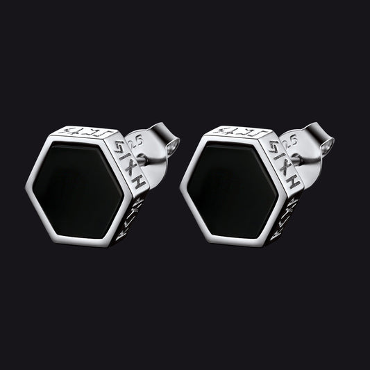 Hexagon Viking Rune Black Onyx Stud Earrings for