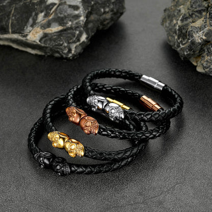 Black Braided Leather Bracelet With Skull for