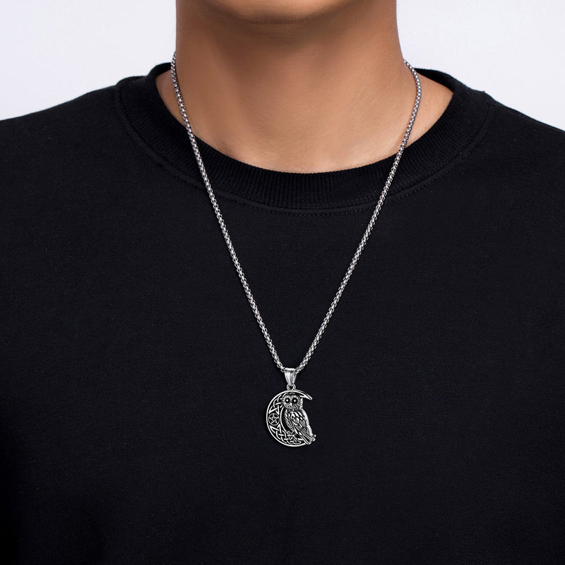 Viking Celtic Crescent Moon Owl Necklace for