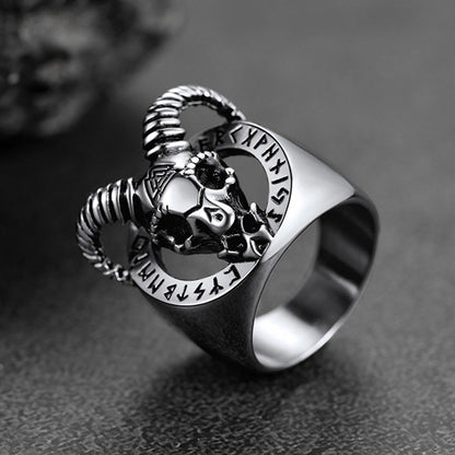 Satanic Goat Skull Ring With Viking Runes for