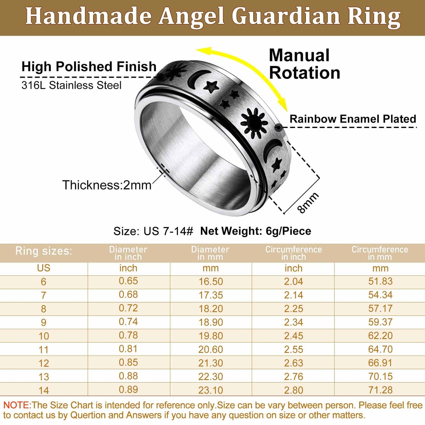 Faithheart Moon Star Sun Ring Fidget Ring for Anxiety