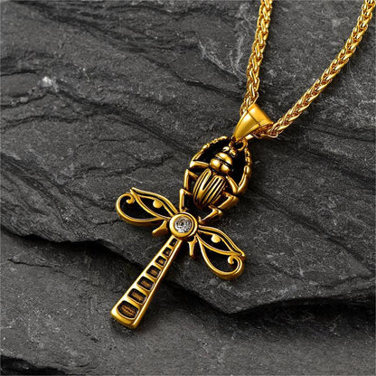 Egyptian Scarab Ankh Cross Necklace for
