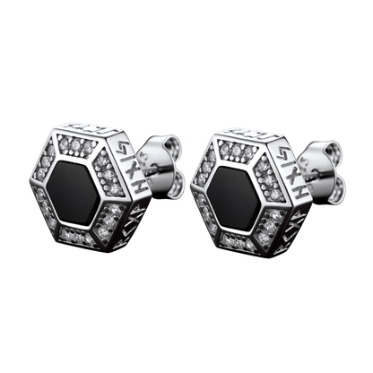 Viking Rune Hexagon Black Onyx Stud Earrings for