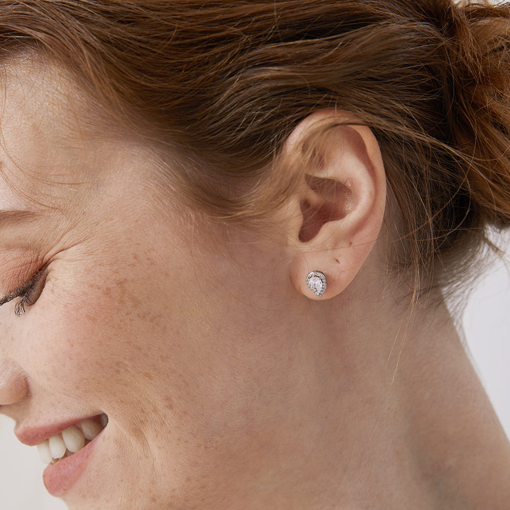 Silver Birthstone Teardrop Halo Stud Earrings for