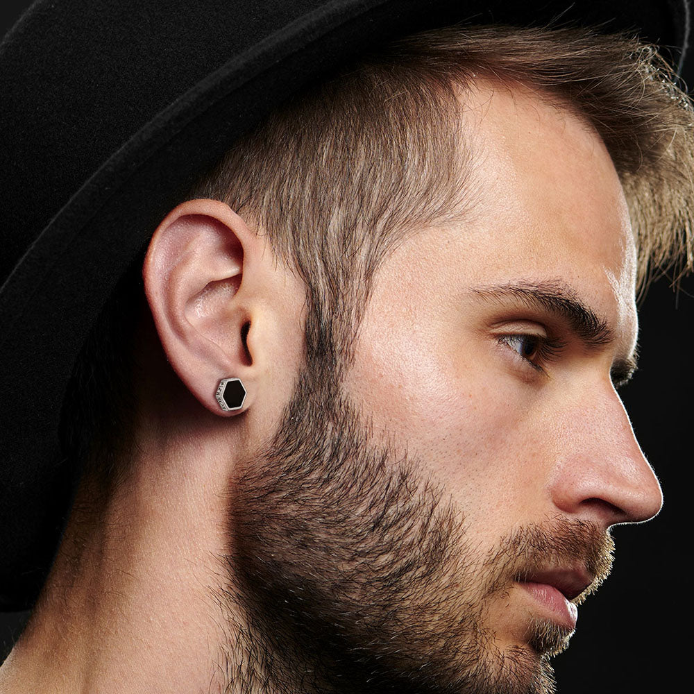 Hexagon Viking Rune Black Onyx Stud Earrings for