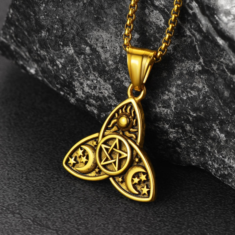 Triple Moon Goddess Pentagram Necklace for