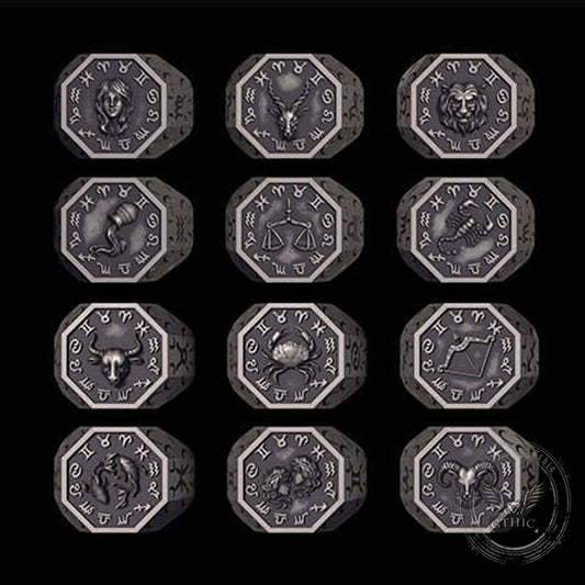 12 Constellations Zodiac Sterling Silver Octagonal Ring