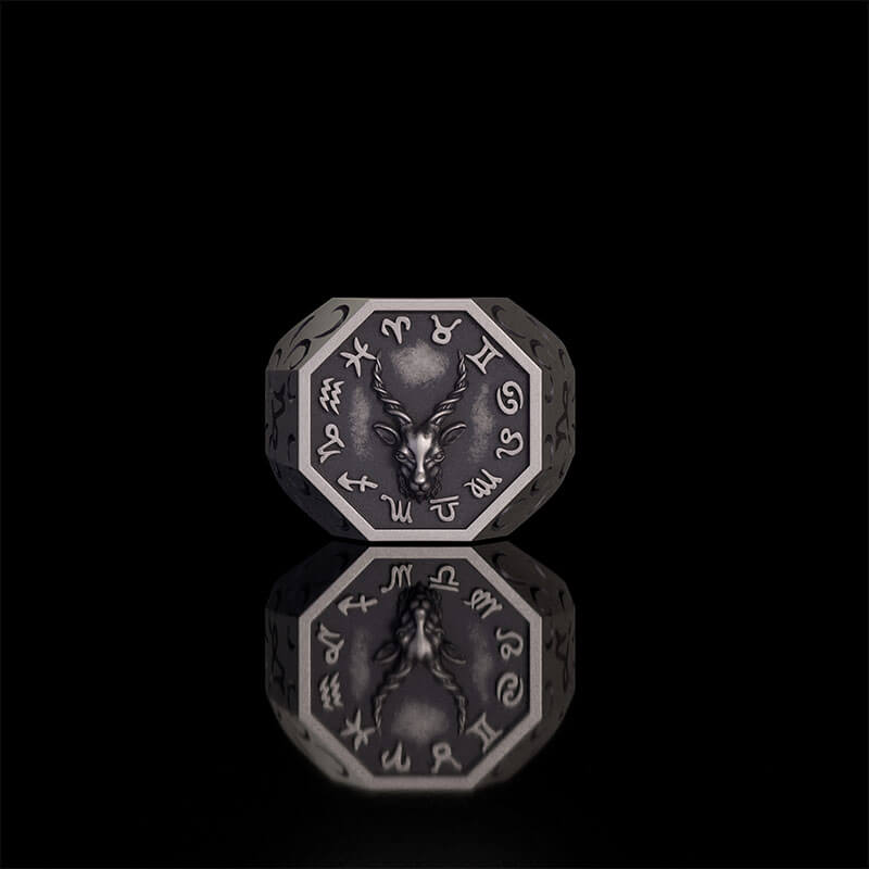 12 Constellations Zodiac Sterling Silver Octagonal Ring