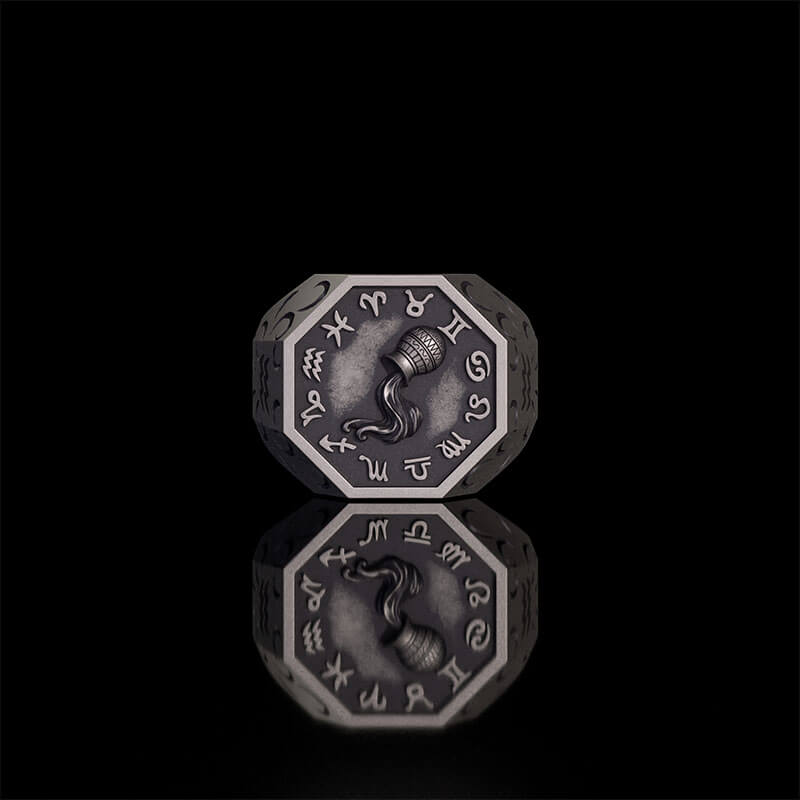 12 Constellations Zodiac Sterling Silver Octagonal Ring
