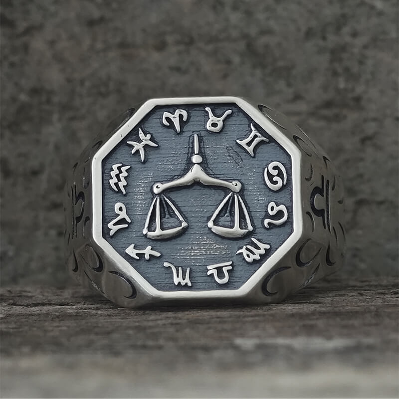 12 Constellations Zodiac Sterling Silver Octagonal Ring