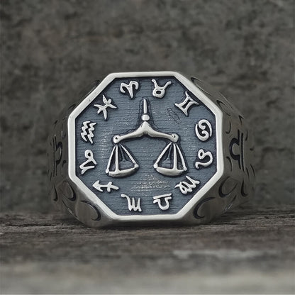 12 Constellations Zodiac Sterling Silver Octagonal Ring