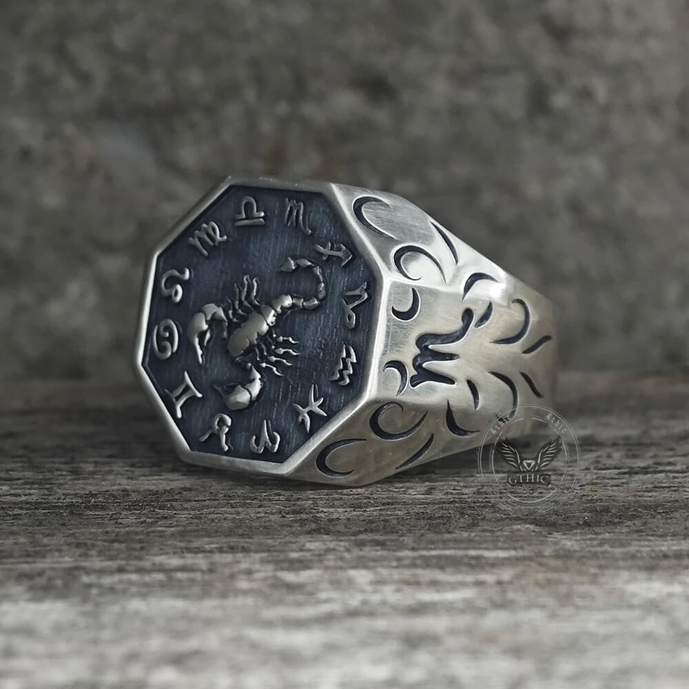 12 Constellations Zodiac Sterling Silver Octagonal Ring