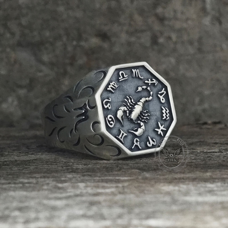 12 Constellations Zodiac Sterling Silver Octagonal Ring